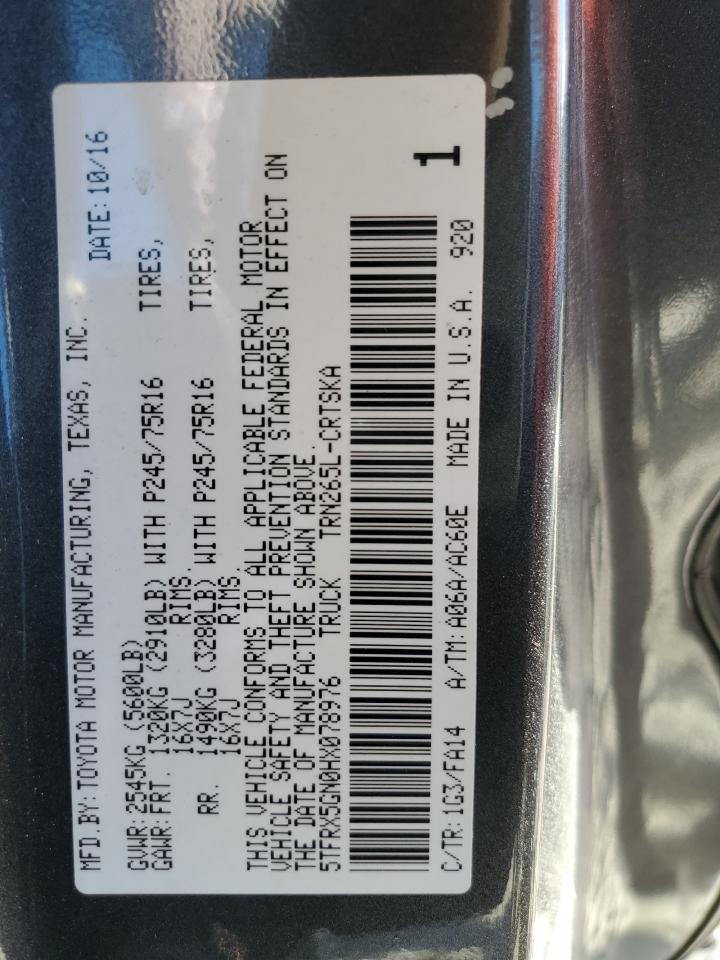 2017 Toyota Tacoma VIN 5TFRX5GN0HX078976 Copart auction photo, front end / undercarriage damage thumbnail 12