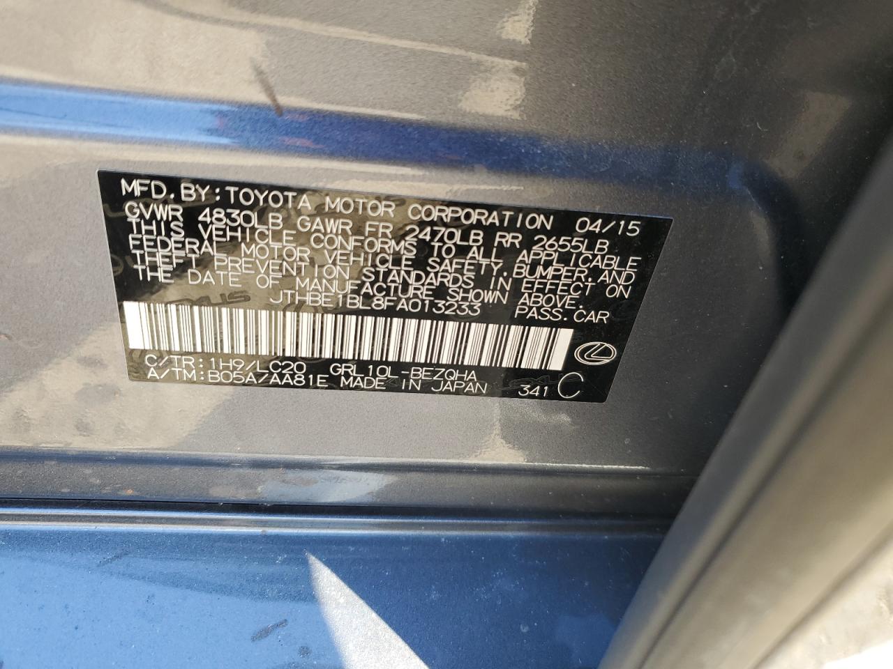2015 Lexus GS VIN JTHBE1BL8FA013233 Copart auction photo, front end / rear end damage thumbnail 13