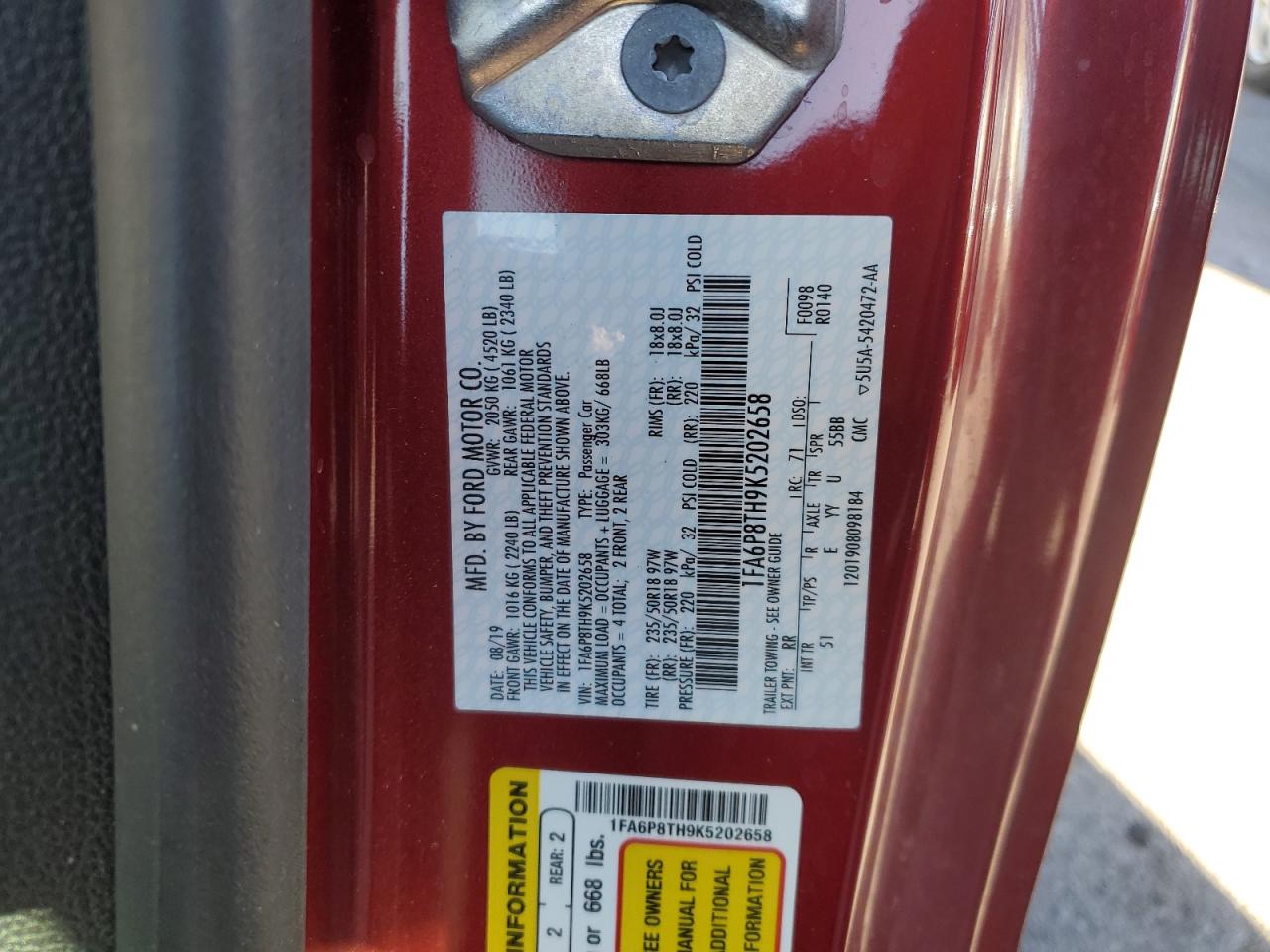 2019 Ford Mustang VIN 1FA6P8TH9K5202658 Copart auction photo, all over damage thumbnail 13