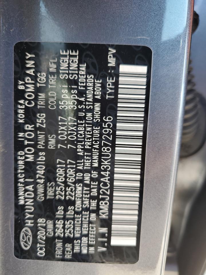 2019 Hyundai Tucson VIN KM8J2CA43KU872956 Copart auction photo, rear end / side damage thumbnail 13