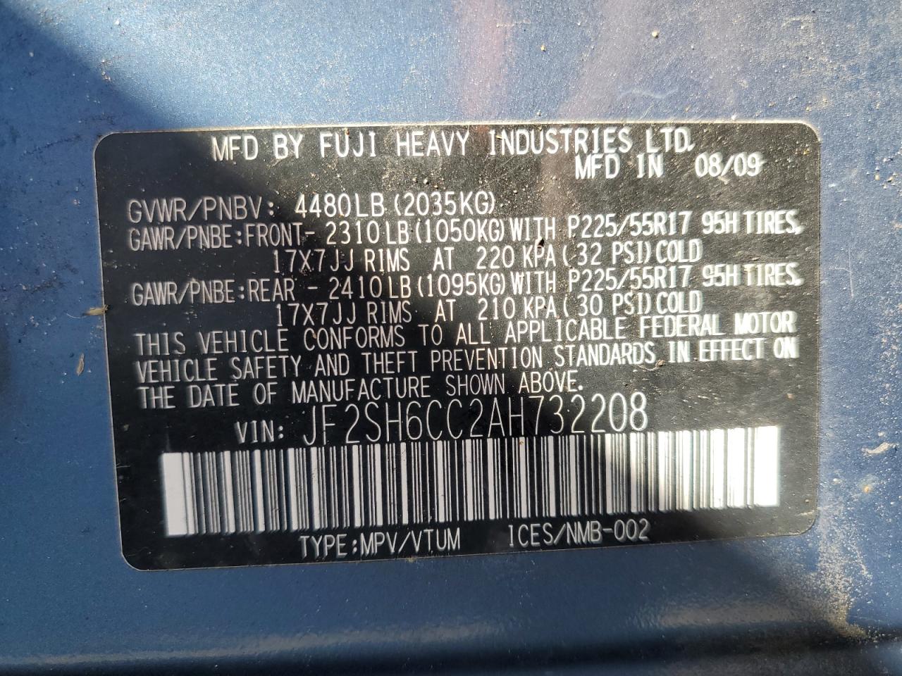 2010 Subaru Forester VIN JF2SH6CC2AH732208 Copart auction photo, front end / minor dent/scratches damage thumbnail 13