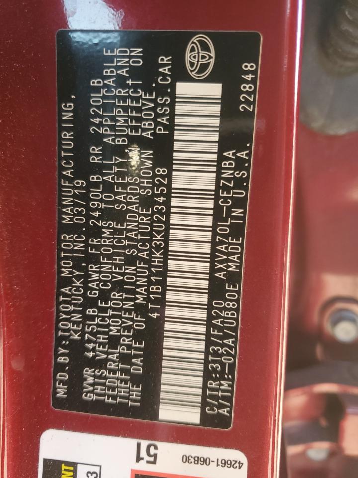 2019 Toyota Camry VIN 4T1B11HK3KU234528 Copart auction photo, front end / minor dent/scratches damage thumbnail 14