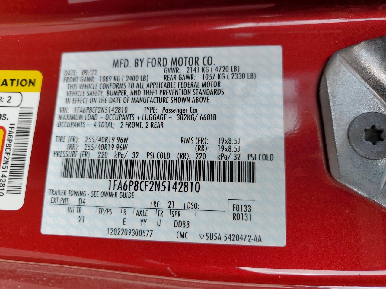 2022 Ford Mustang VIN 1FA6P8CF2N5142810 Copart auction photo, front end / side damage thumbnail 13