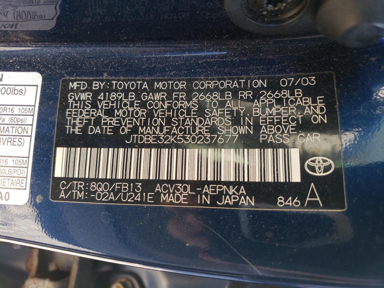 2003 Toyota Camry VIN JTDBE32K530237677 Copart auction photo, front end / rear end damage thumbnail 13