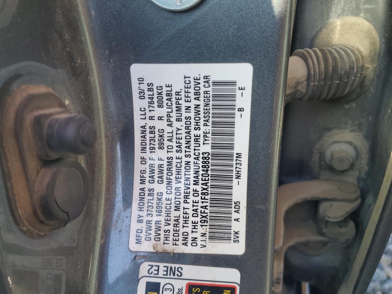 2010 Honda Civic VIN 19XFA1F8XAE048883 Copart auction photo, front end / side damage thumbnail 12