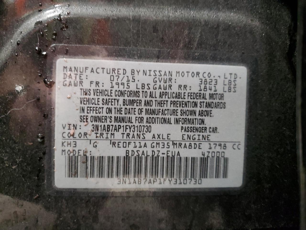 2015 Nissan Sentra VIN 3N1AB7AP1FY310730 Copart auction photo, minor dent/scratches damage thumbnail 12