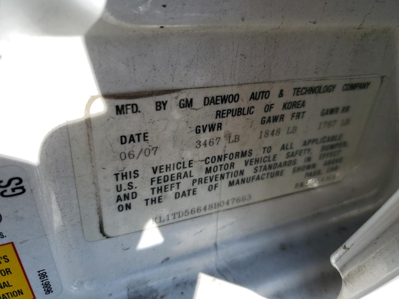 2008 Chevrolet Aveo VIN KL1TD56648B047663 Copart auction photo, rear end / undercarriage damage thumbnail 12