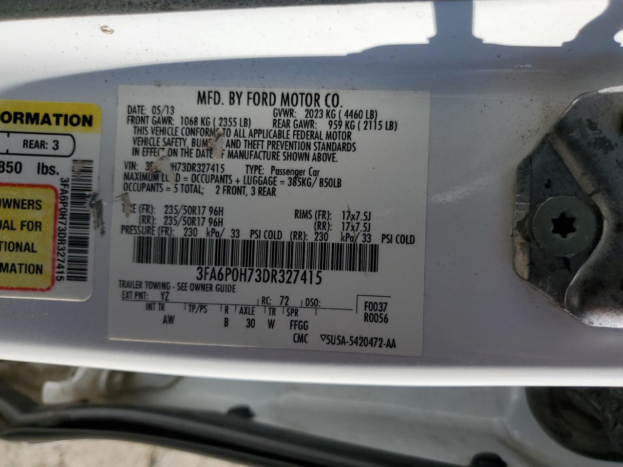 2013 Ford Fusion VIN 3FA6P0H73DR327415 Copart auction photo, front end damage thumbnail 14