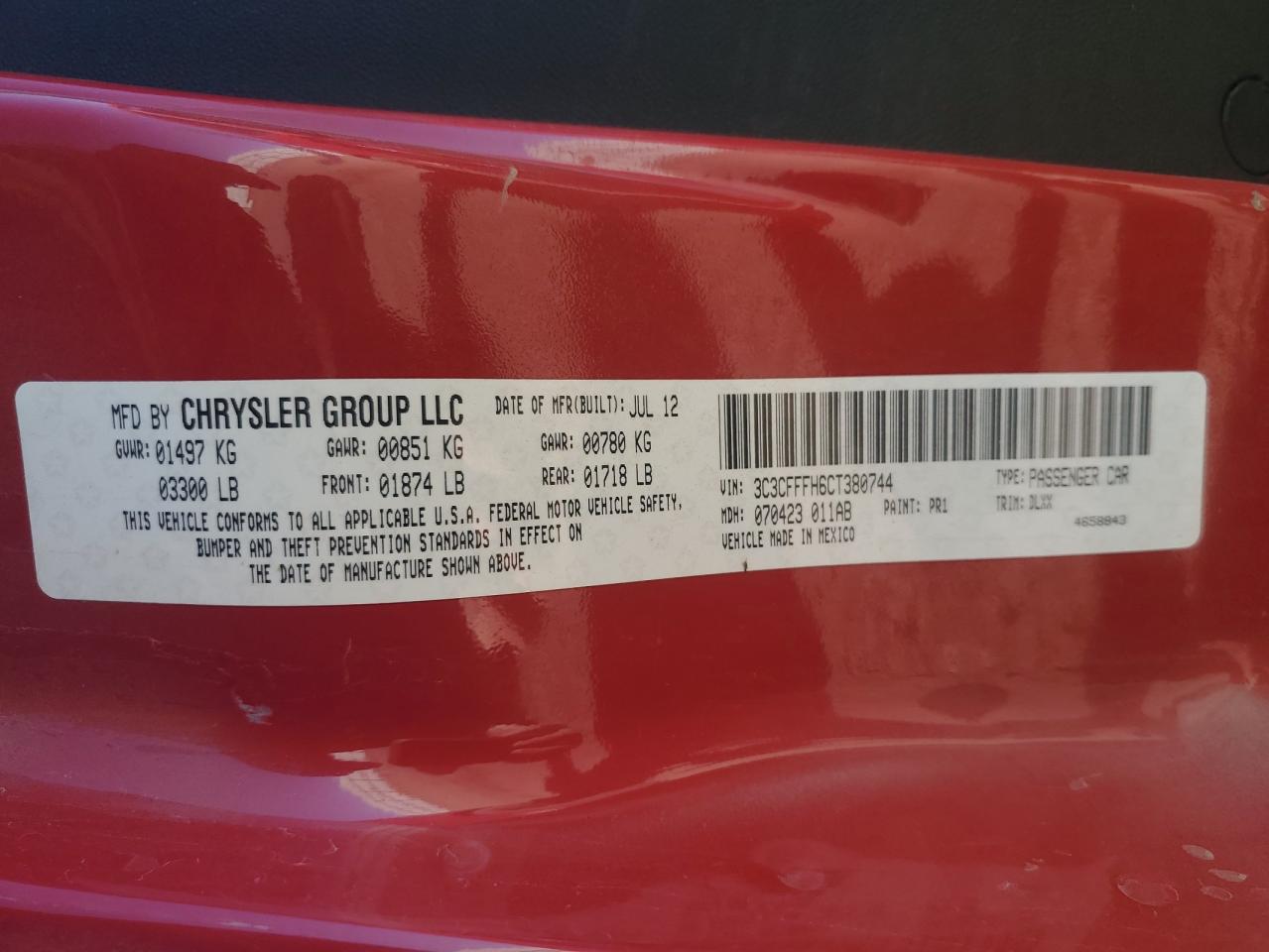 2012 Fiat 500 VIN 3C3CFFFH6CT380744 Copart auction photo, rear end damage thumbnail 12