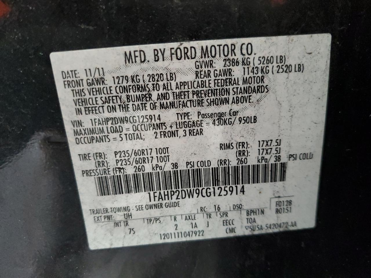2012 Ford Taurus VIN 1FAHP2DW9CG125914 Copart auction photo, side / front end damage thumbnail 14
