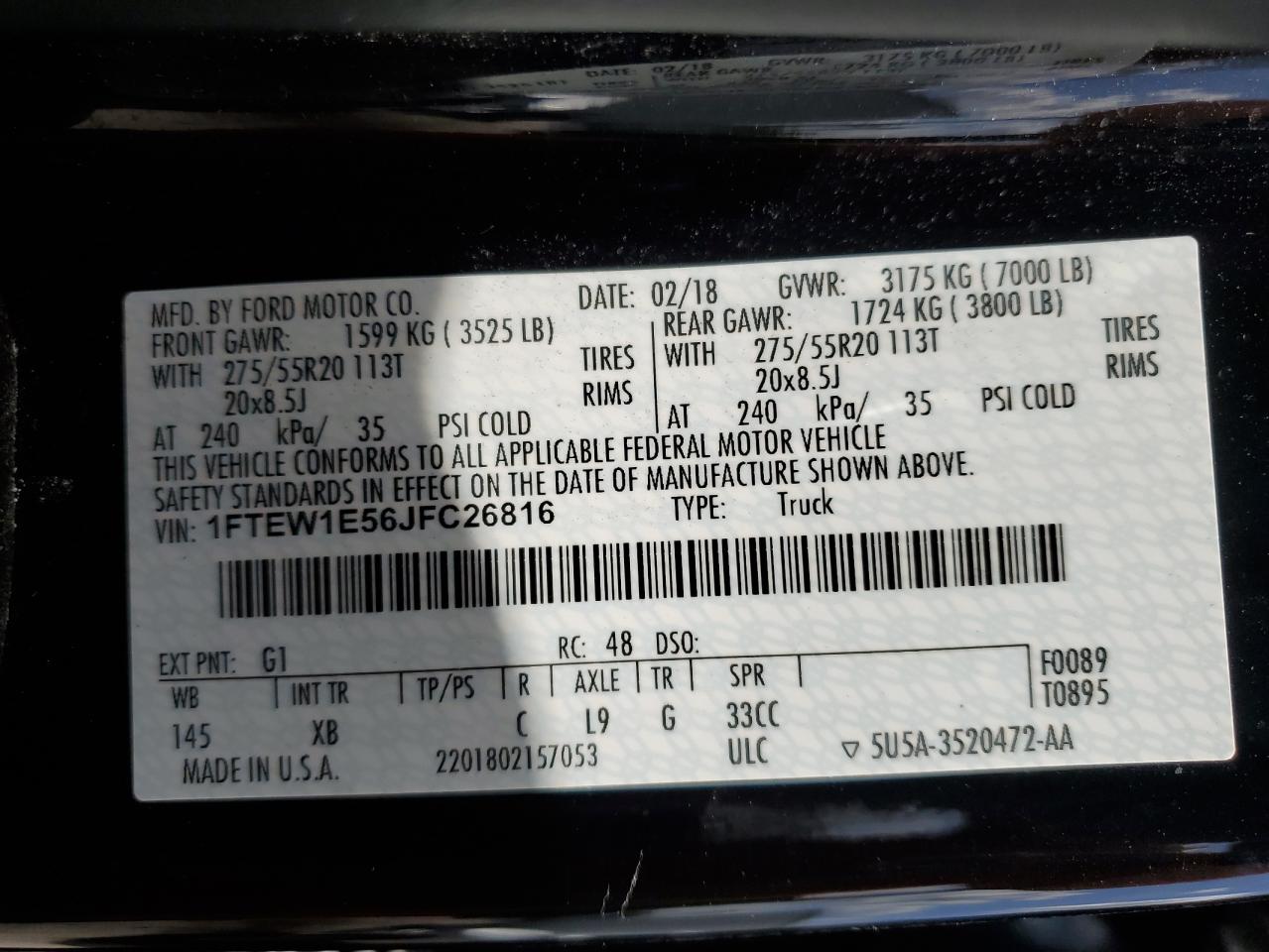 2018 Ford F-150 VIN 1FTEW1E56JFC26816 Copart auction photo, front end / rear end damage thumbnail 12