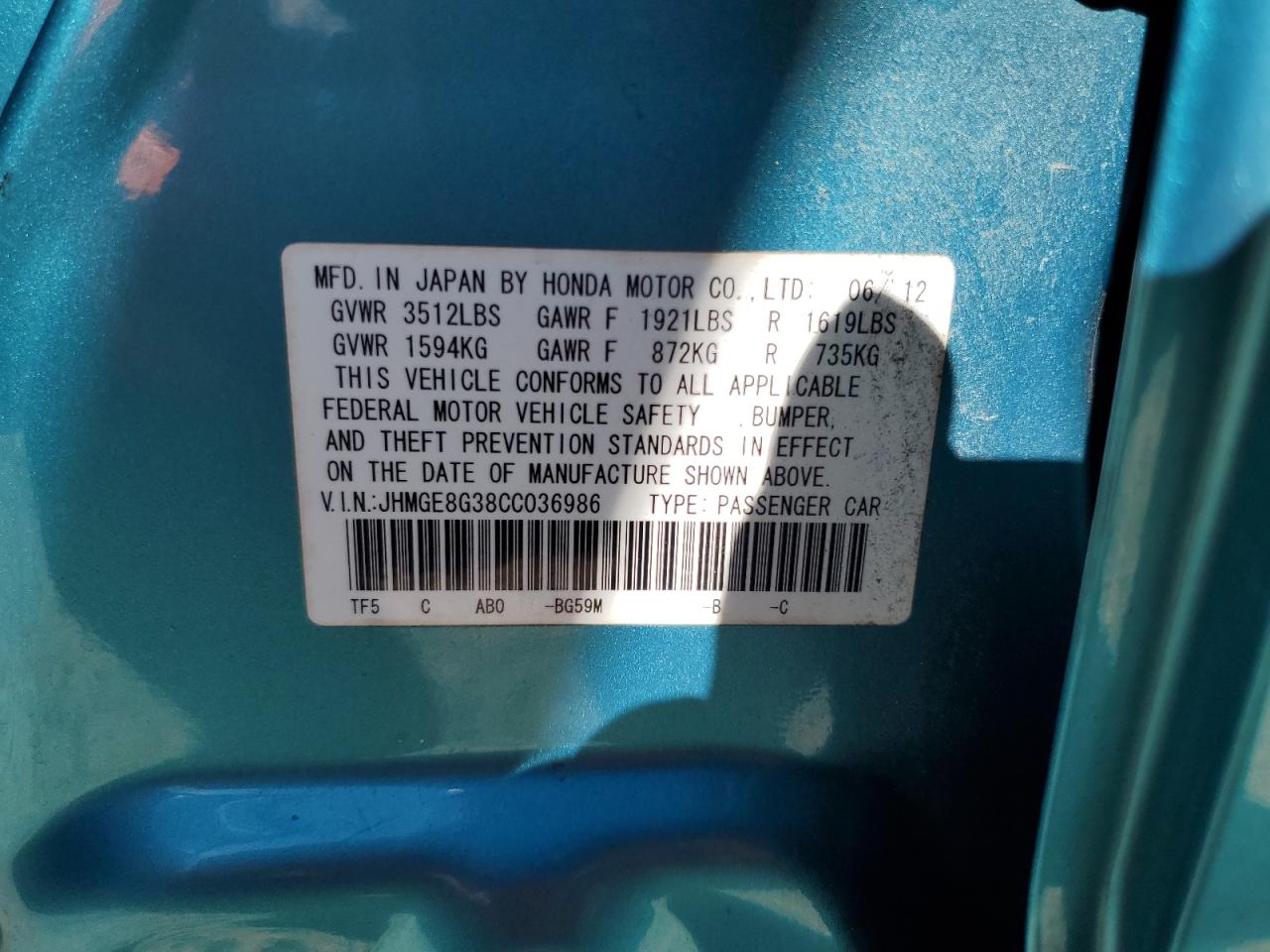 2012 Honda Fit VIN JHMGE8G38CC036986 Copart auction photo, front end damage thumbnail 12