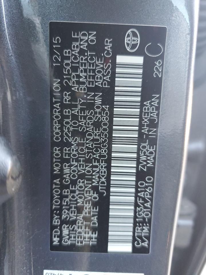 2016 Toyota Prius VIN JTDKBRFU8G3500854 Copart auction photo, front end damage thumbnail 14