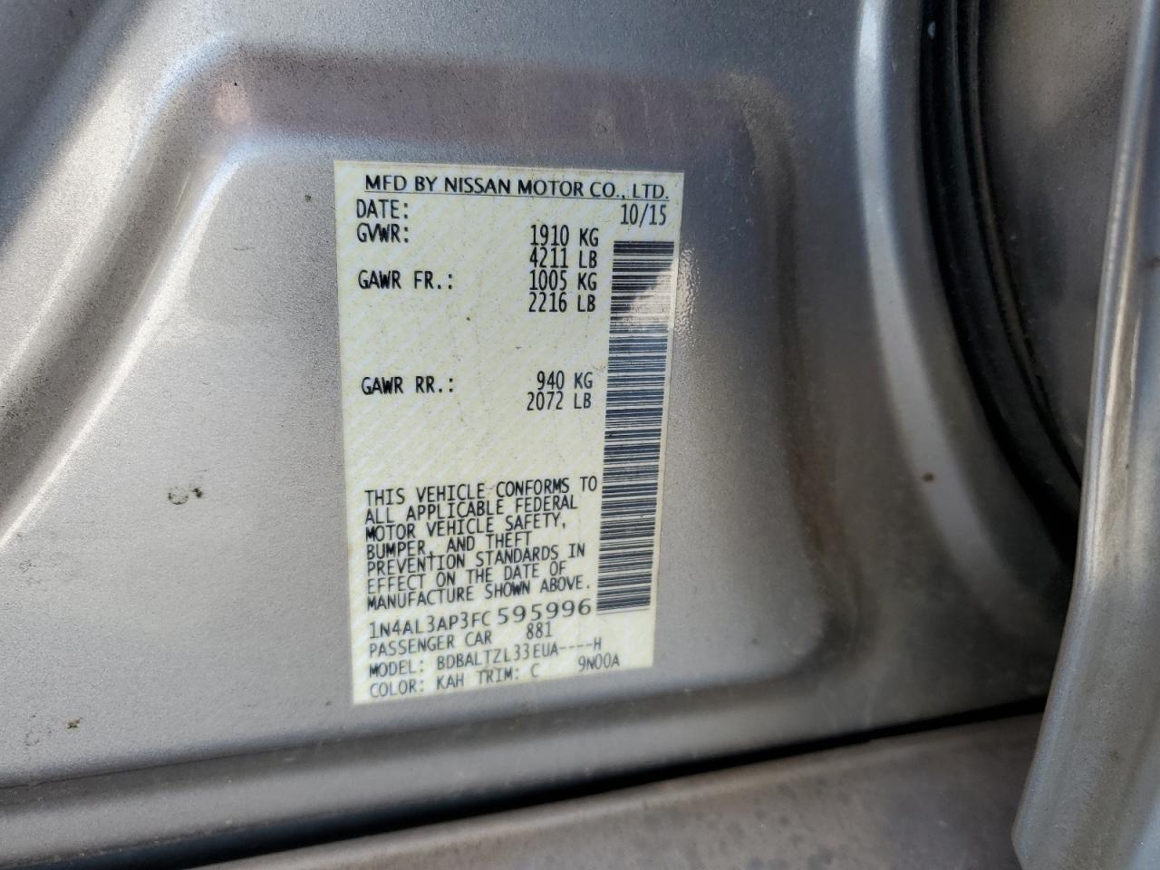 2015 Nissan Altima VIN 1N4AL3AP3FC595996 Copart auction photo, front end damage thumbnail 12