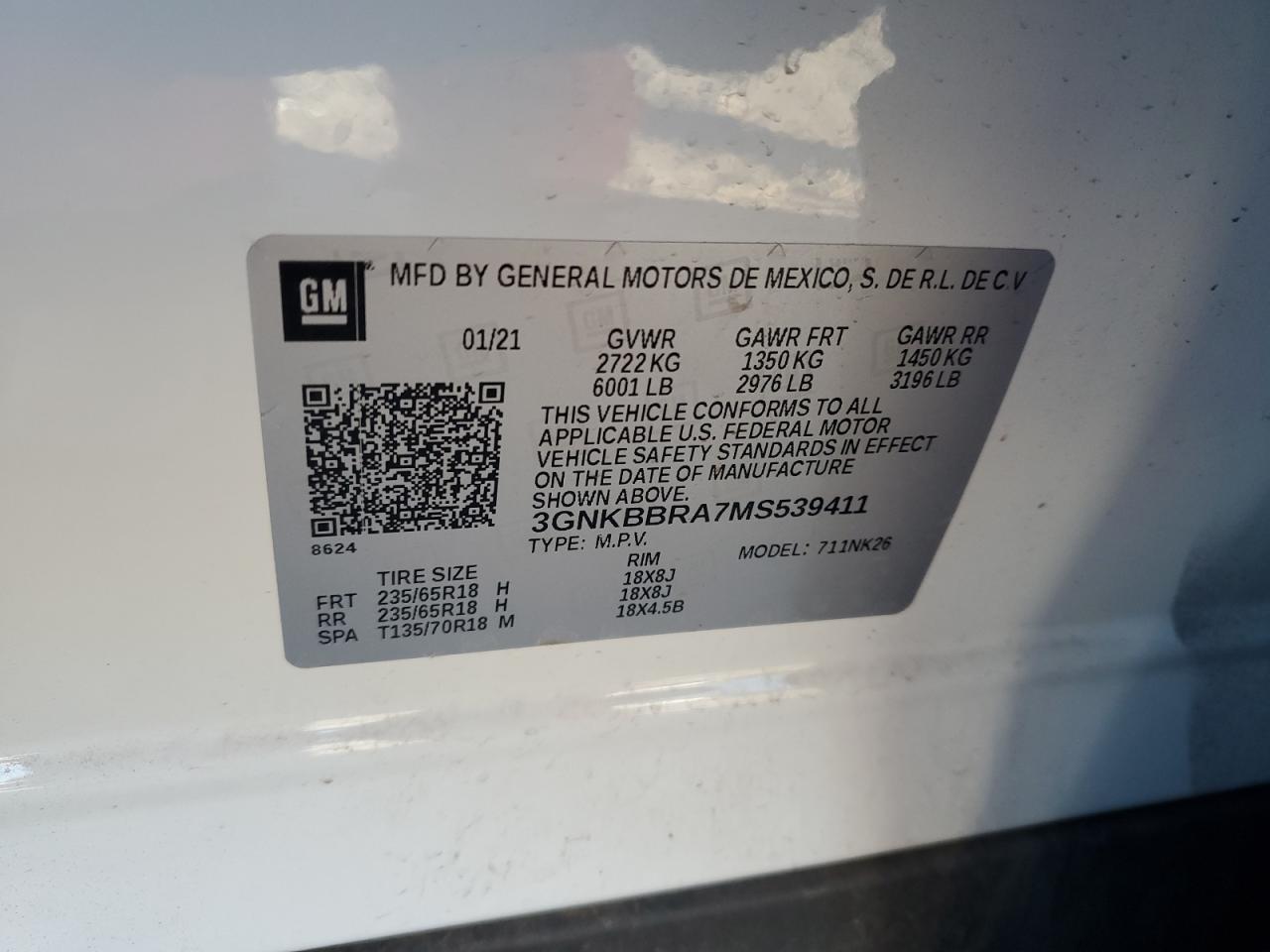 2021 Chevrolet Blazer VIN 3GNKBBRA7MS539411 Copart auction photo, front end / minor dent/scratches damage thumbnail 14