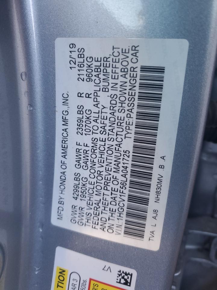 2020 Honda Accord VIN 1HGCV1F56LA041725 Copart auction photo, side damage thumbnail 12