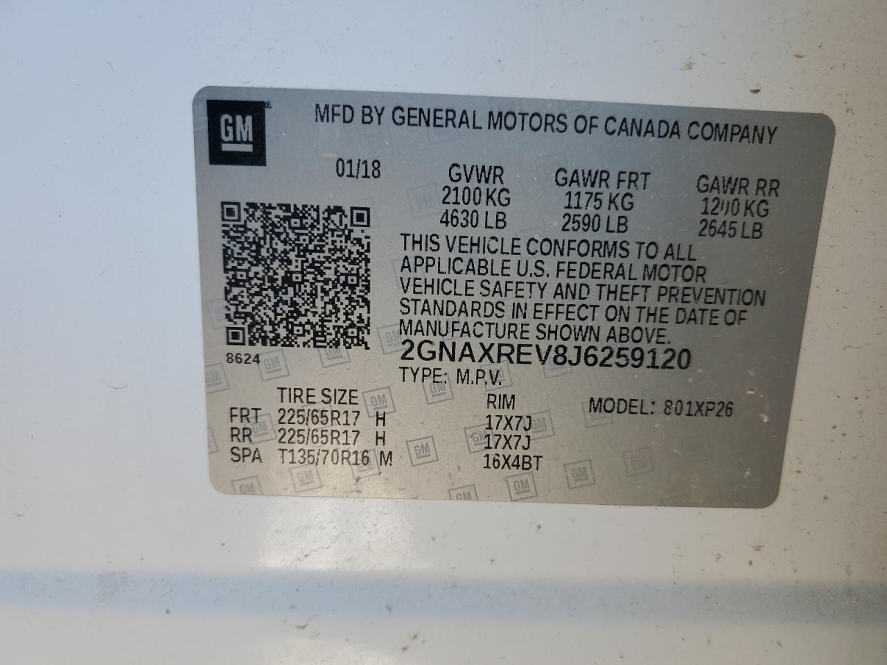2018 Chevrolet Equinox VIN 2GNAXREV8J6259120 Copart auction photo, front end damage thumbnail 13