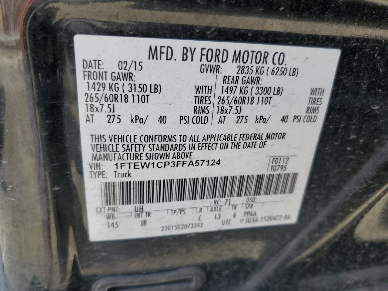 2015 Ford F-150 VIN 1FTEW1CP3FFA57124 Copart auction photo, all over / stripped damage thumbnail 12