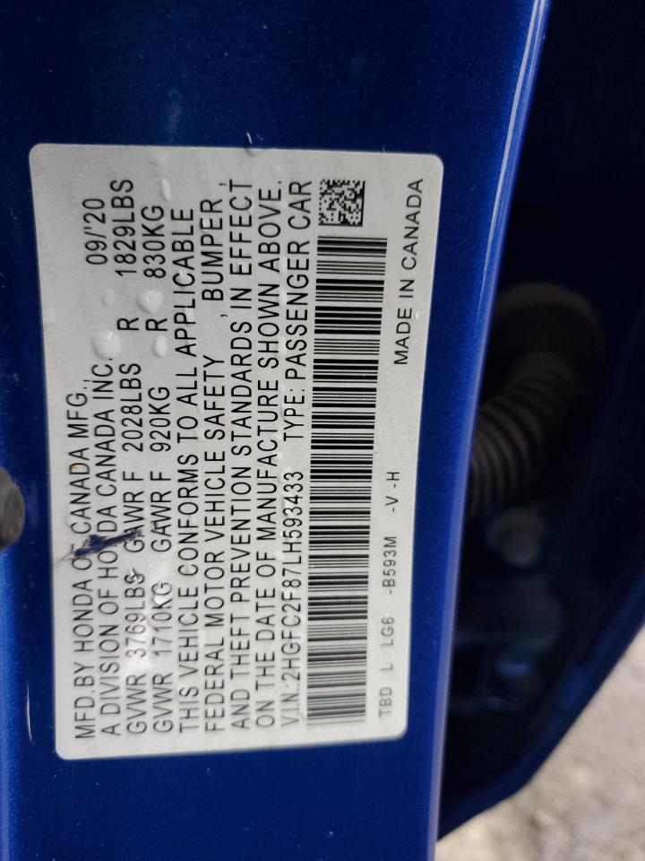 2020 Honda Civic VIN 2HGFC2F87LH593433 Copart auction photo, front end damage thumbnail 14