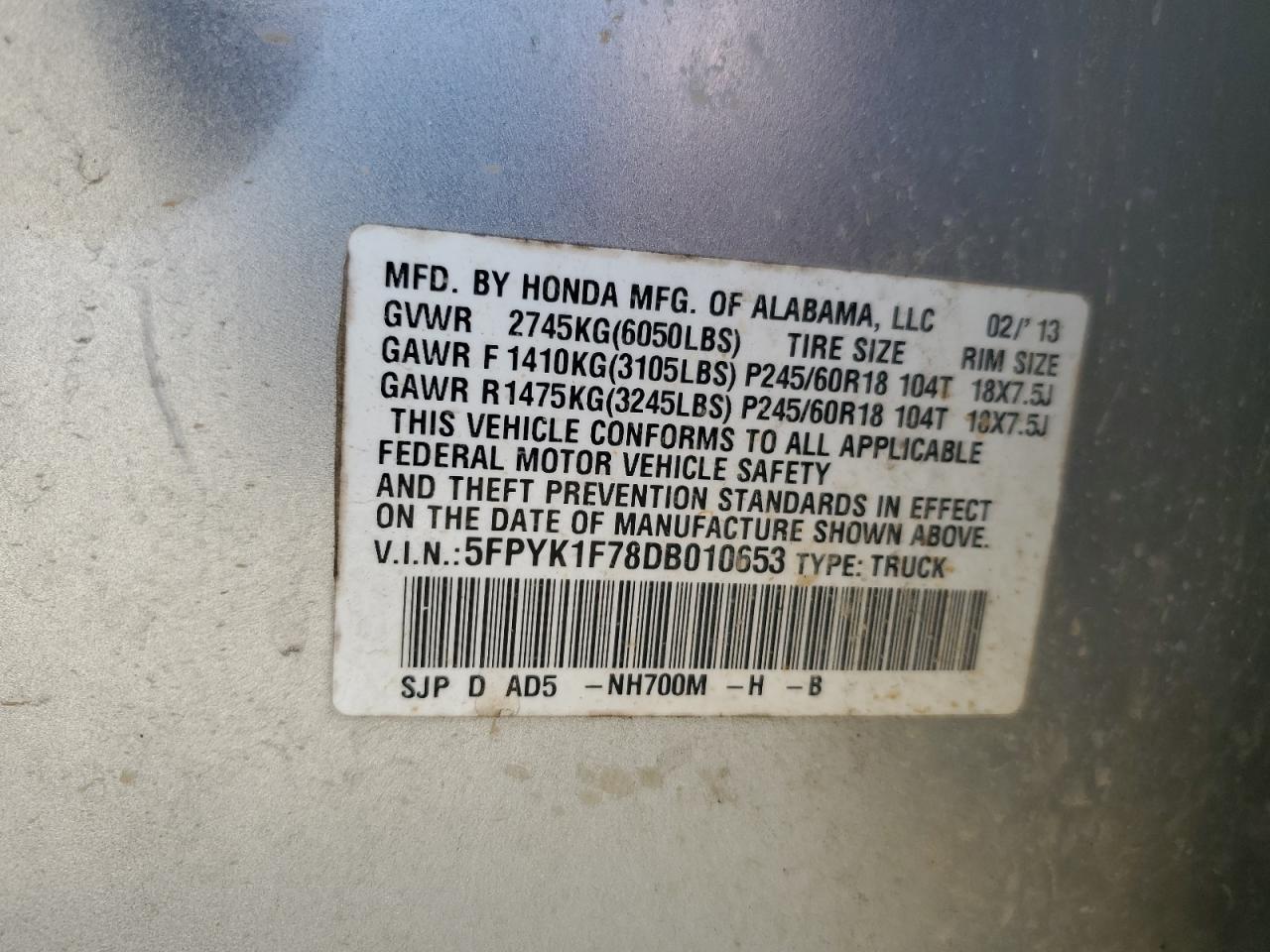 2013 Honda Ridgeline VIN 5FPYK1F78DB010653 Copart auction photo, rollover damage thumbnail 13
