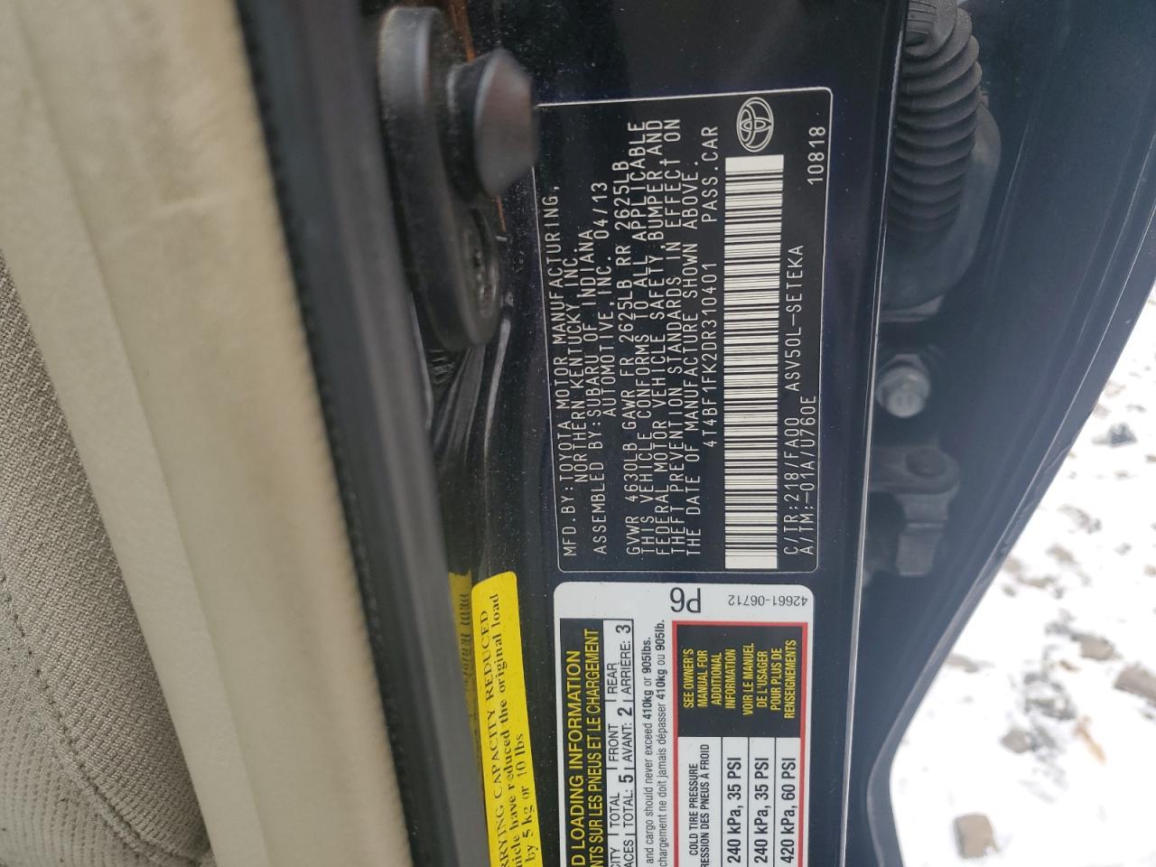 2013 Toyota Camry VIN 4T4BF1FK2DR310401 Copart auction photo, all over damage thumbnail 14