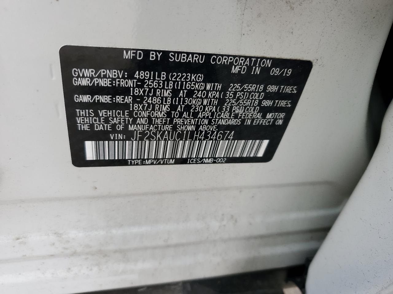 2020 Subaru Forester VIN JF2SKAUC1LH434674 Copart auction photo, all over damage thumbnail 13