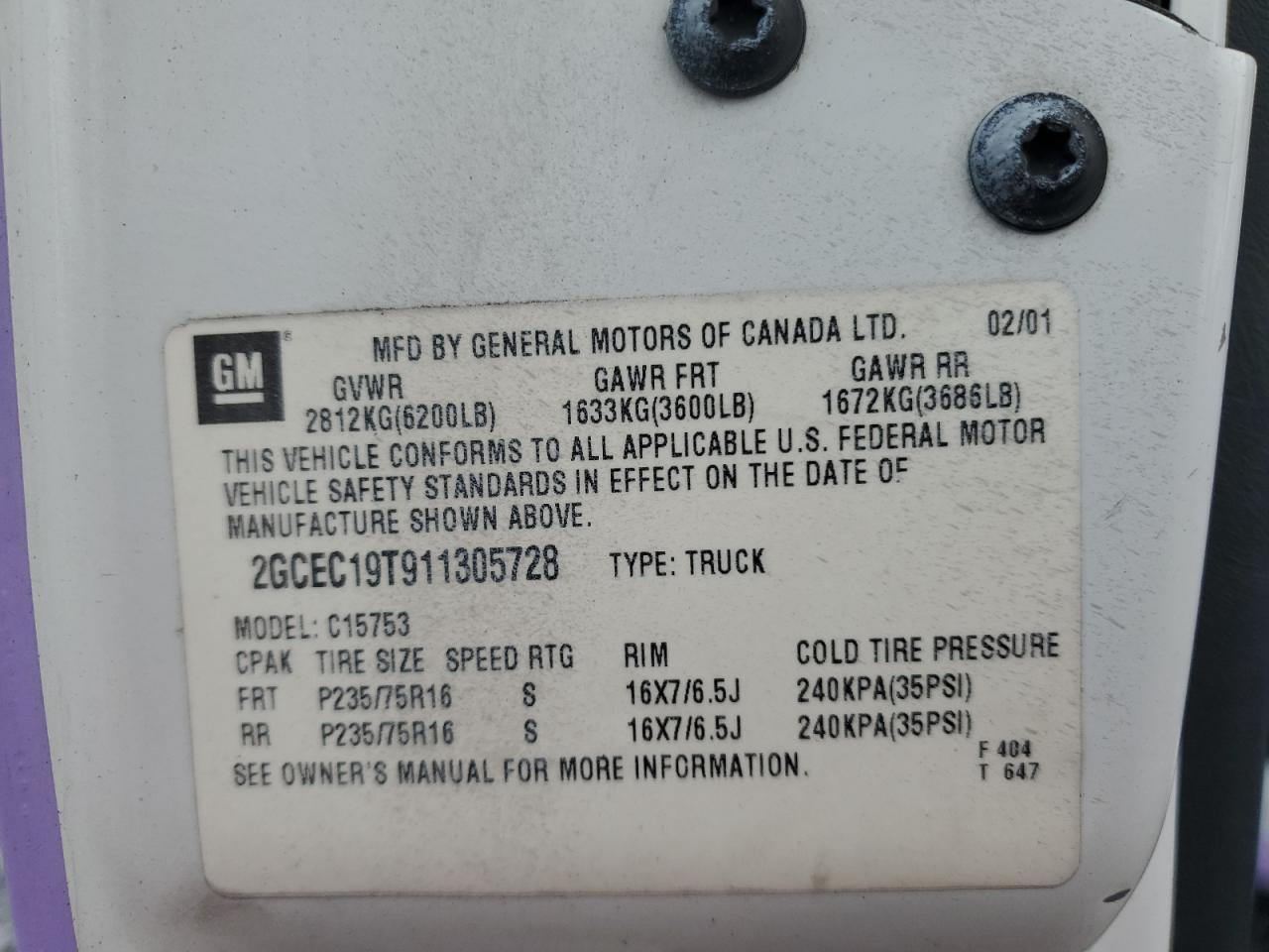 2001 Chevrolet Silverado VIN 2GCEC19T911305728 Copart auction photo, rear end damage thumbnail 12