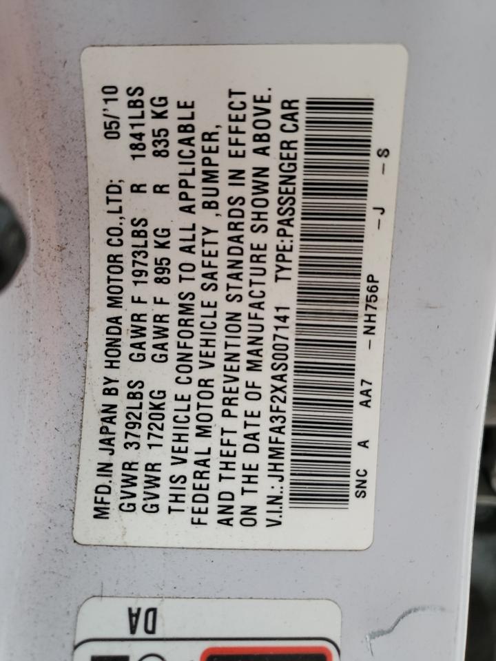 2010 Honda Civic VIN JHMFA3F2XAS007141 Copart auction photo, frame damage / front end damage thumbnail 14