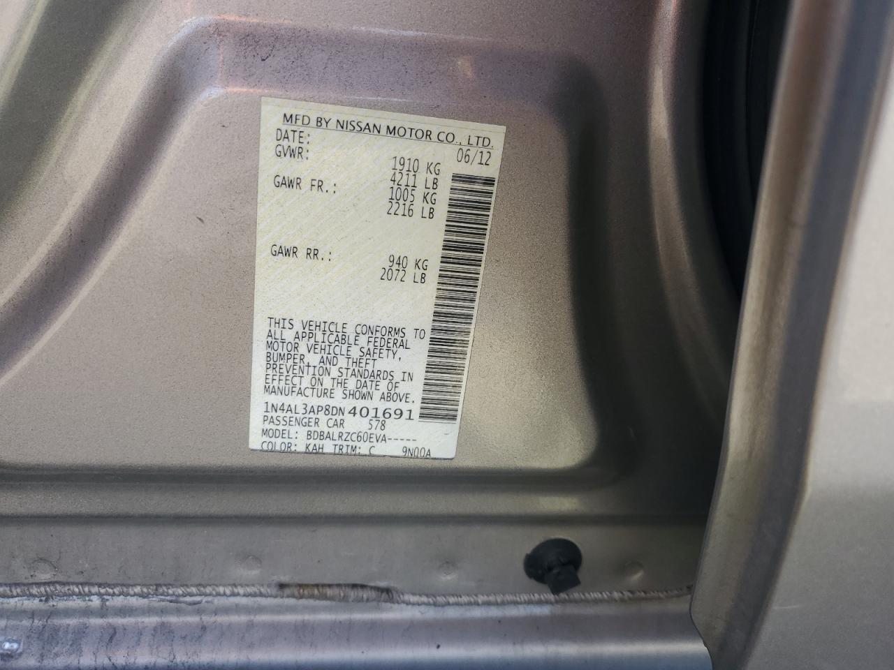 2013 Nissan Altima VIN 1N4AL3AP8DN401691 Copart auction photo, rear end / all over damage thumbnail 12