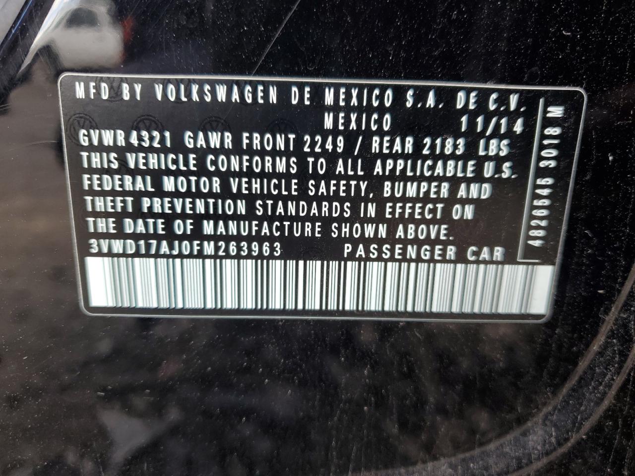 2015 Volkswagen Jetta VIN 3VWD17AJ0FM263963 Copart auction photo, front end damage thumbnail 15