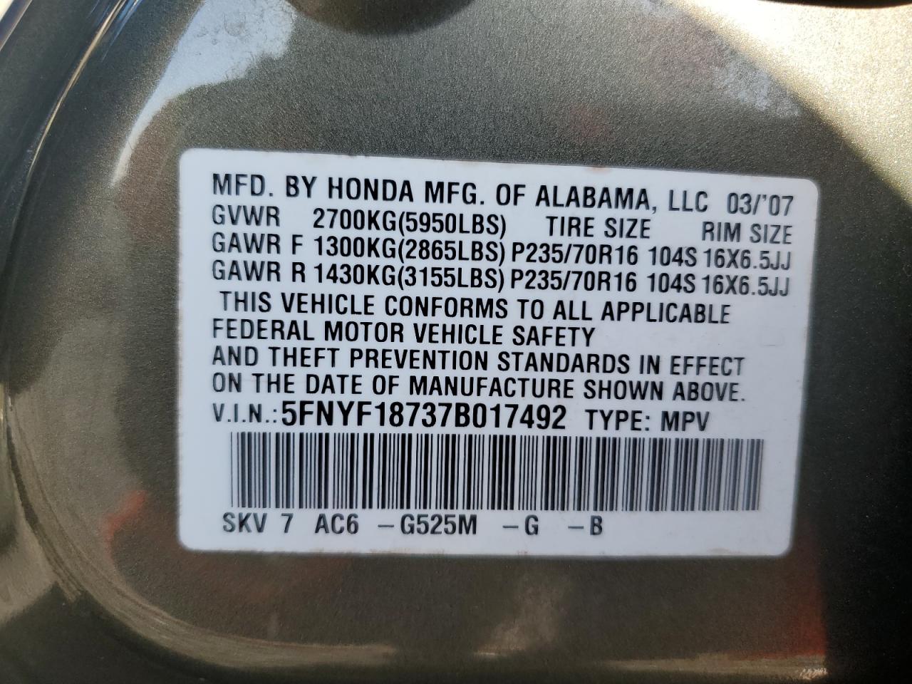 2007 Honda Pilot VIN 5FNYF18737B017492 Copart auction photo, front end / rear end damage thumbnail 13