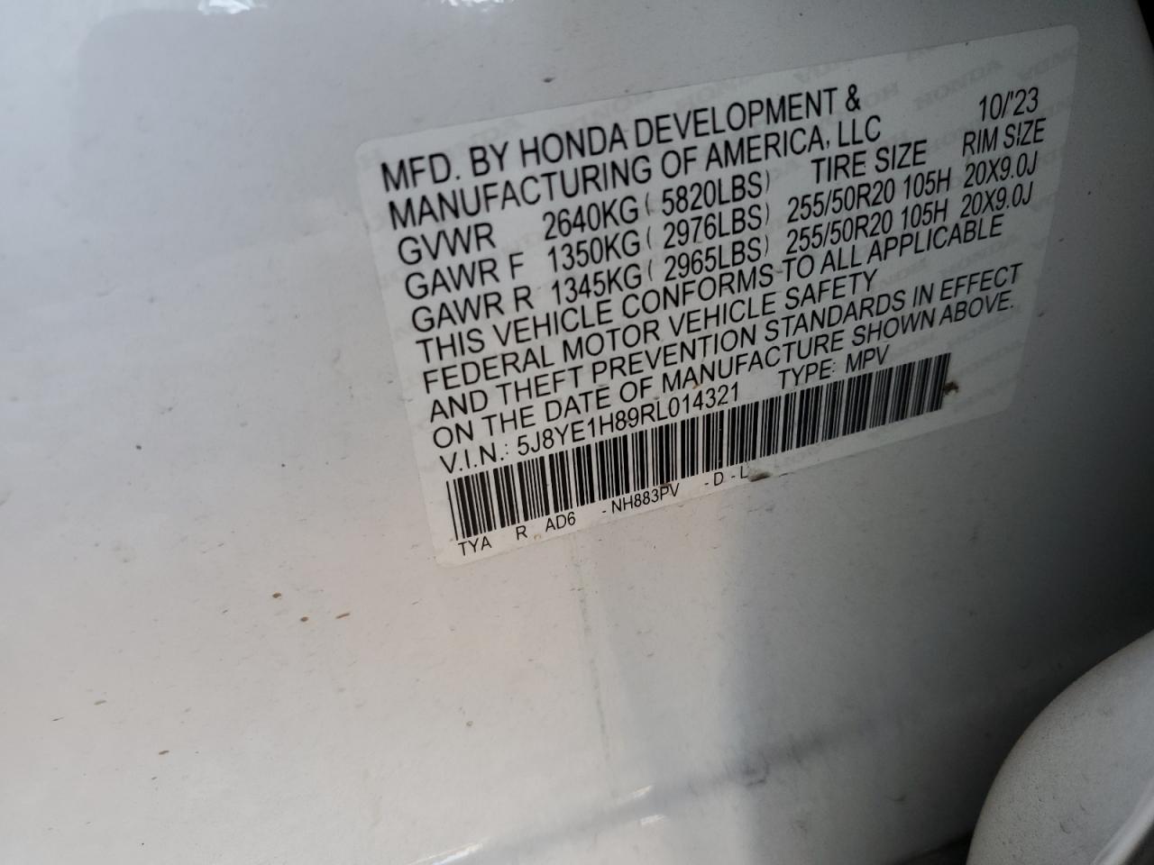 2024 Acura MDX VIN 5J8YE1H89RL014321 Copart auction photo, front end / undercarriage damage thumbnail 13