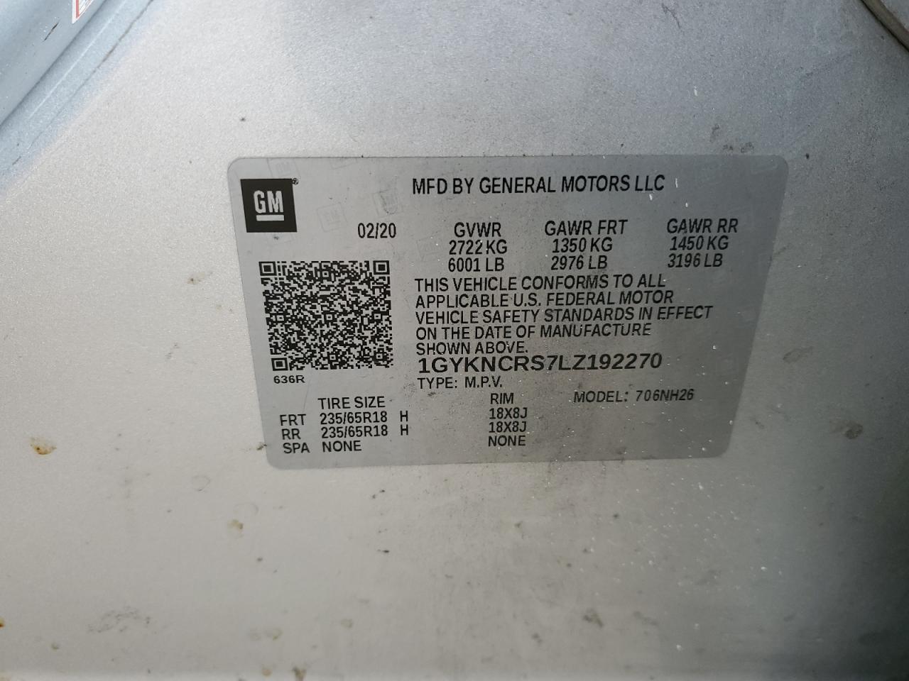 2020 Cadillac XT5 VIN 1GYKNCRS7LZ192270 Copart auction photo, front end damage thumbnail 14