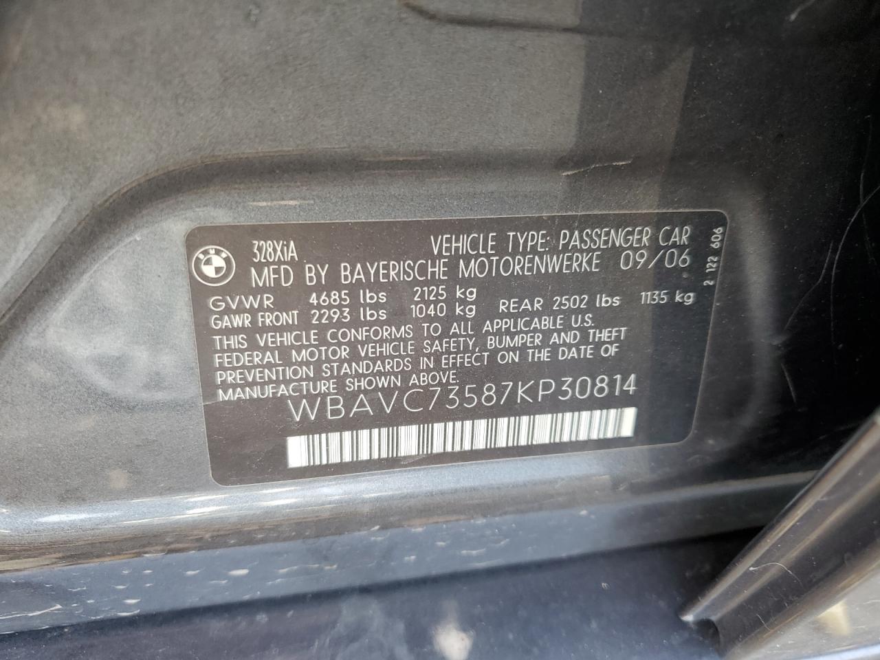 2007 BMW 3er VIN WBAVC73587KP30814 Copart auction photo, front end damage thumbnail 12