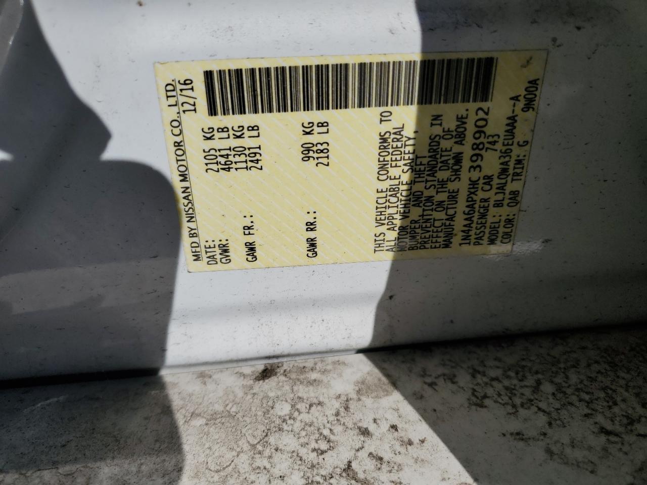 2017 Nissan Maxima VIN 1N4AA6APXHC398902 Copart auction photo, normal wear / front end damage thumbnail 12