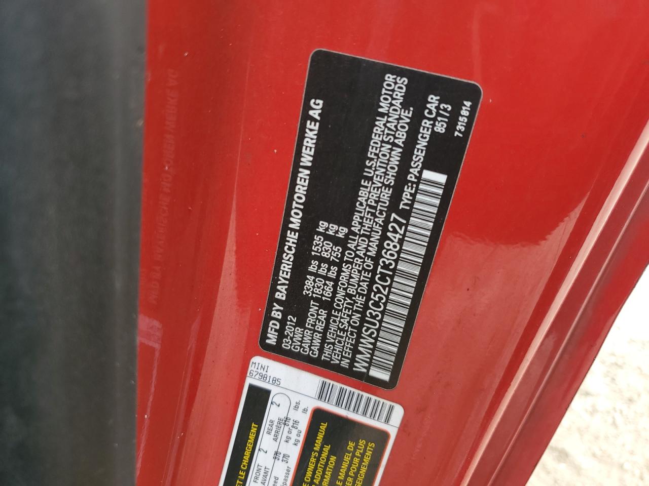 2012 MINI Cooper VIN WMWSU3C52CT368427 Copart auction photo, side / rear end damage thumbnail 12