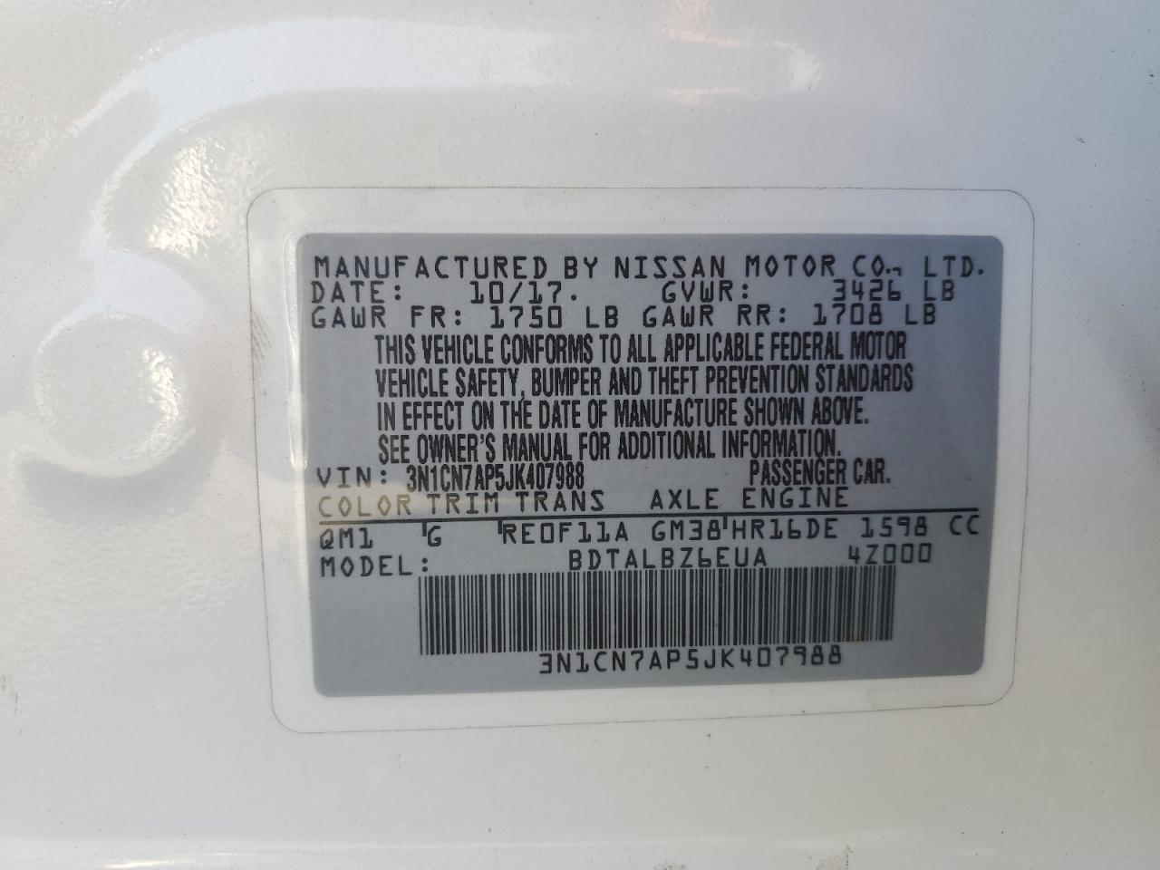 2018 Nissan Versa VIN 3N1CN7AP5JK407988 Copart auction photo, rear end damage thumbnail 12