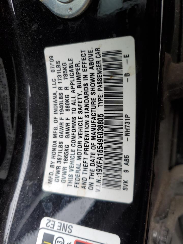 2009 Honda Civic VIN 19XFA16549E038805 Copart auction photo, mechanical damage thumbnail 12