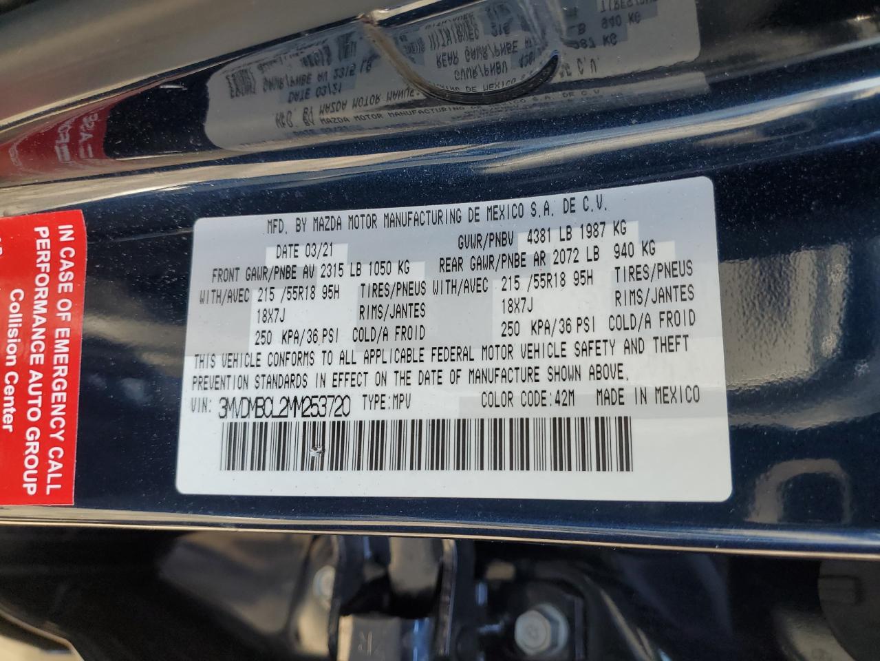 2021 Mazda CX-30 VIN 3MVDMBCL2MM253720 Copart auction photo, side / front end damage thumbnail 15