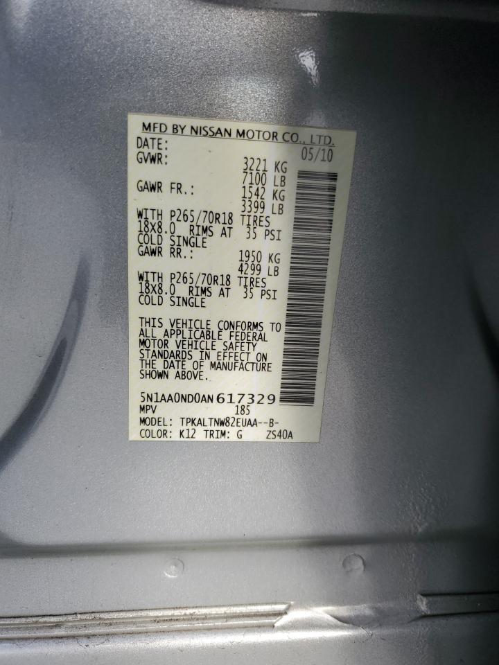 2010 Nissan Armada VIN 5N1AA0ND0AN617329 Copart auction photo, front end damage thumbnail 13