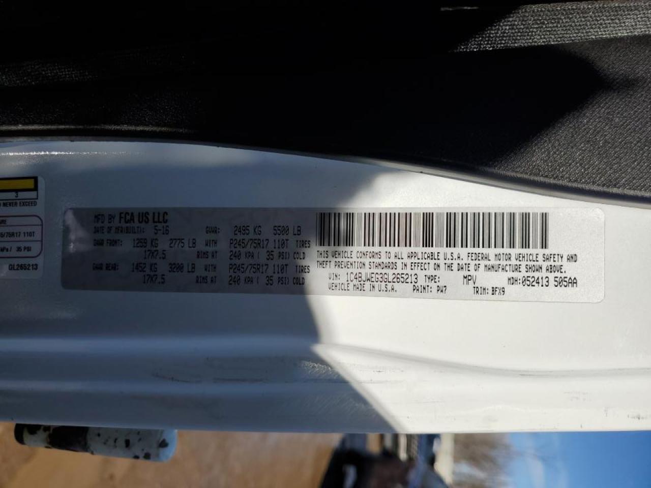 2016 Jeep Wrangler VIN 1C4BJWEG3GL265213 Copart auction photo, side / front end damage thumbnail 14