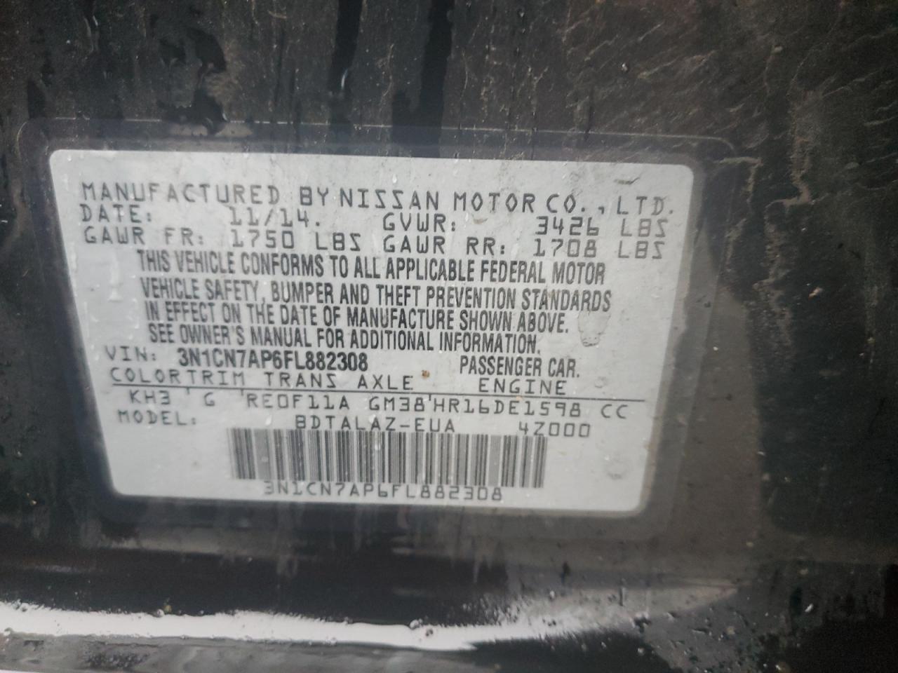 2015 Nissan Versa VIN 3N1CN7AP6FL882308 Copart auction photo, normal wear damage thumbnail 12