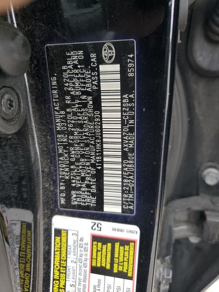 2018 Toyota Camry VIN 4T1B11HK8JU602930 Copart auction photo, all over damage thumbnail 12