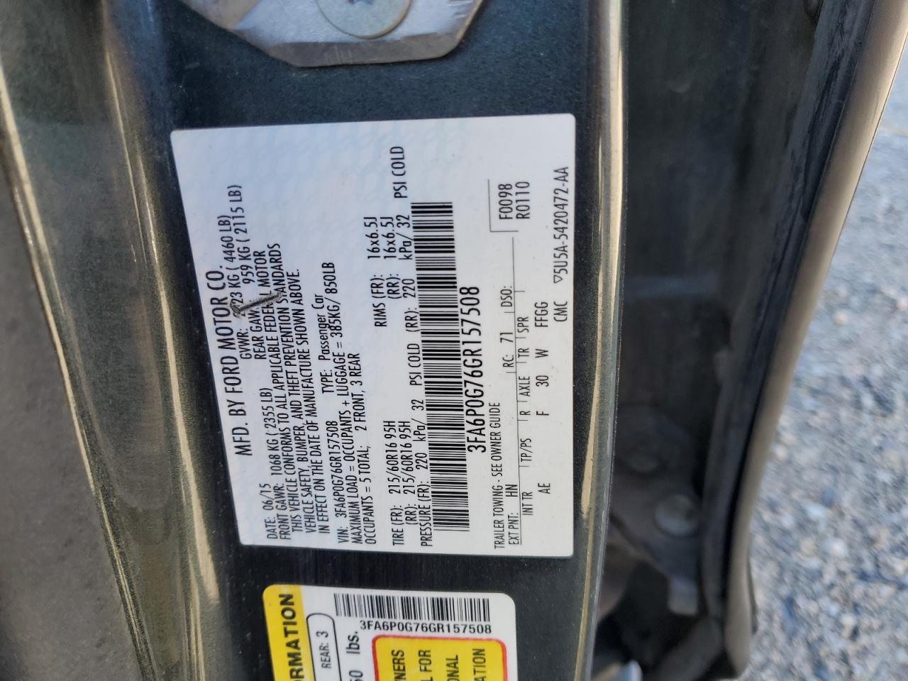 2016 Ford Fusion VIN 3FA6P0G76GR157508 Copart auction photo, rear end / front end damage thumbnail 12