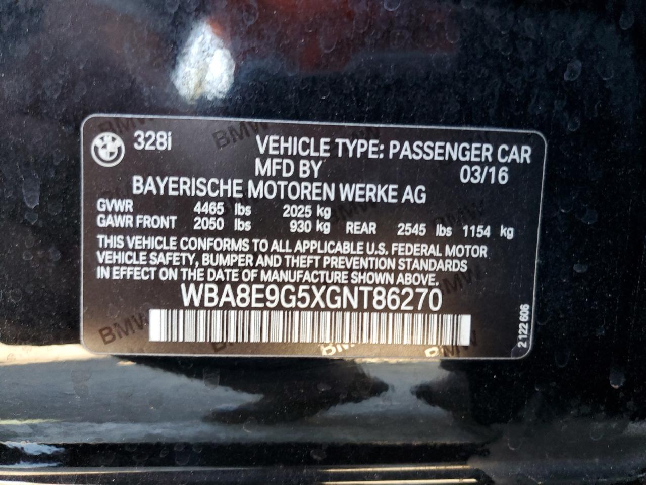 2016 BMW 3er VIN WBA8E9G5XGNT86270 Copart auction photo, front end damage thumbnail 12