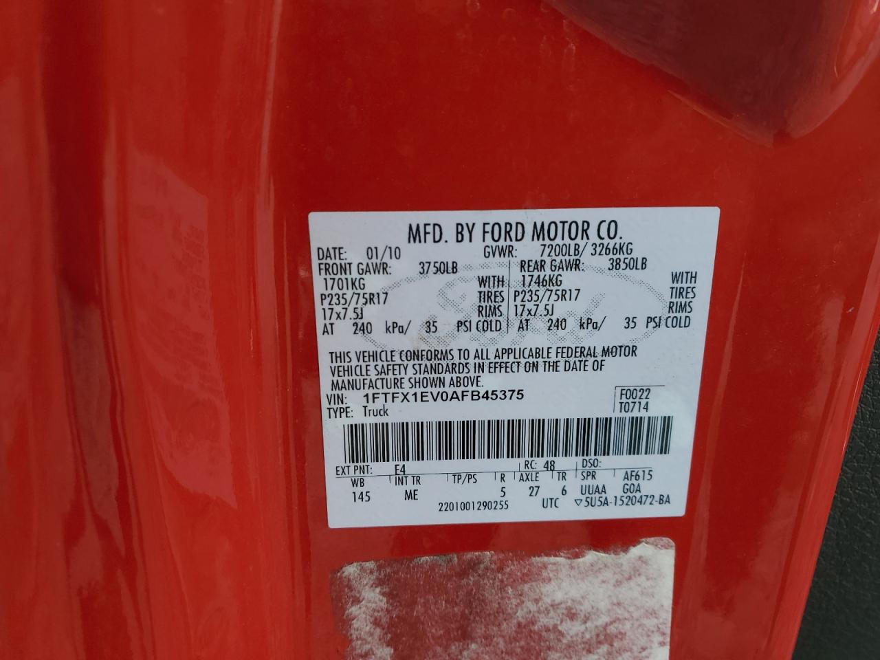 2010 Ford F-150 VIN 1FTFX1EV0AFB45375 Copart auction photo, front end damage thumbnail 14