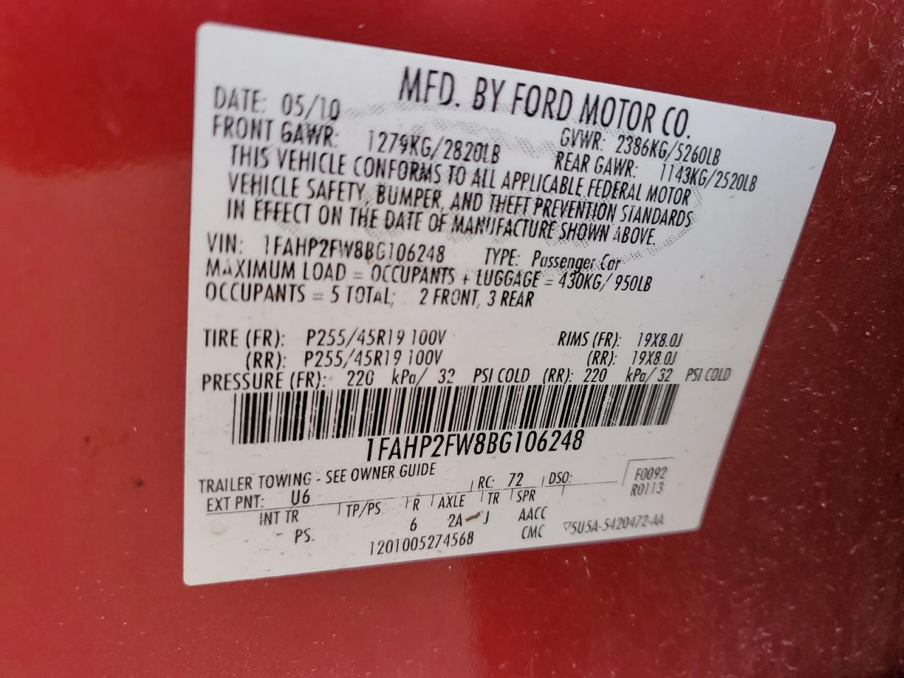 2011 Ford Taurus VIN 1FAHP2FW8BG106248 Copart auction photo, rear end damage thumbnail 13