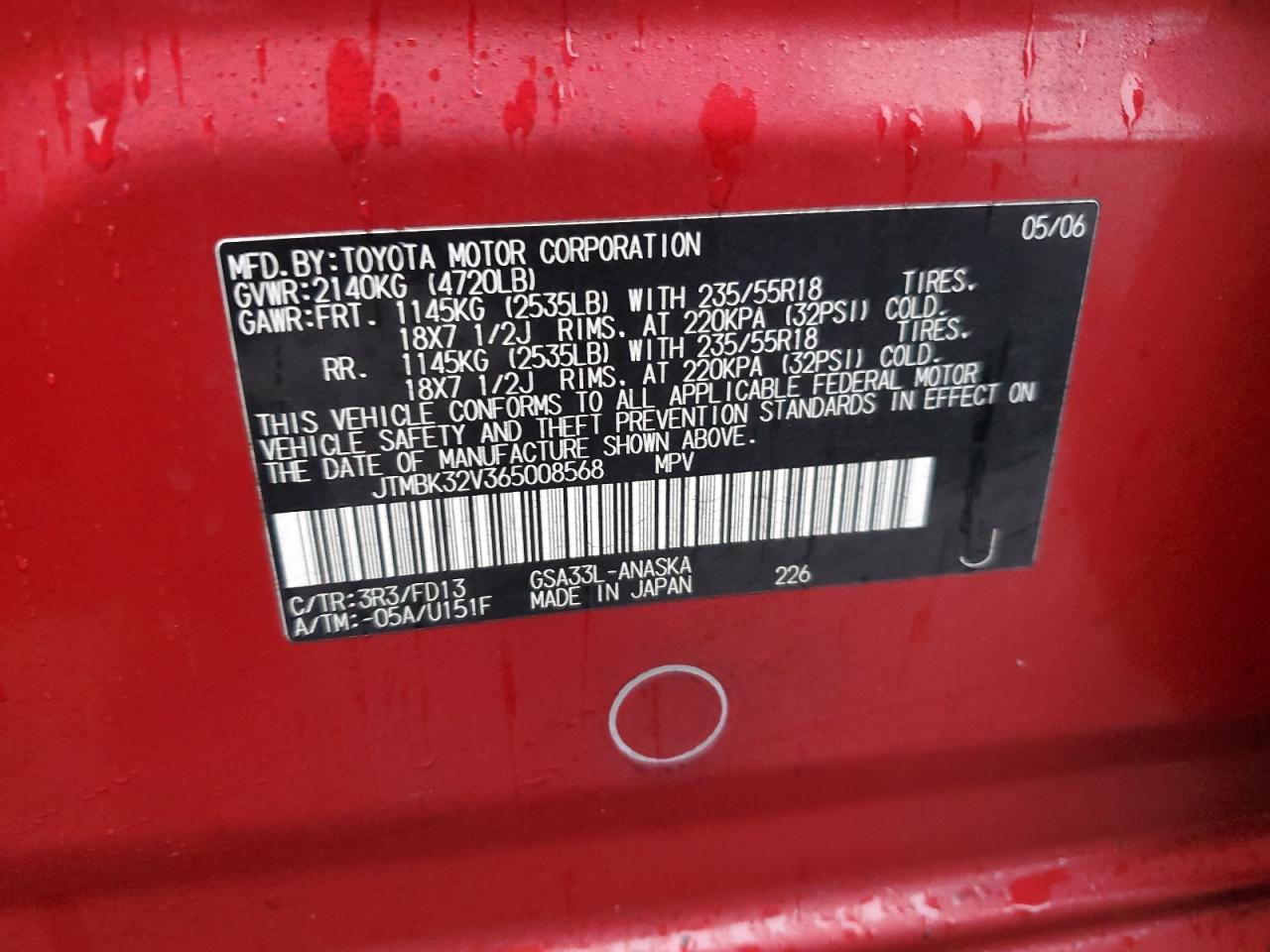 2006 Toyota RAV 4 VIN JTMBK32V365008568 Copart auction photo, front end damage thumbnail 15
