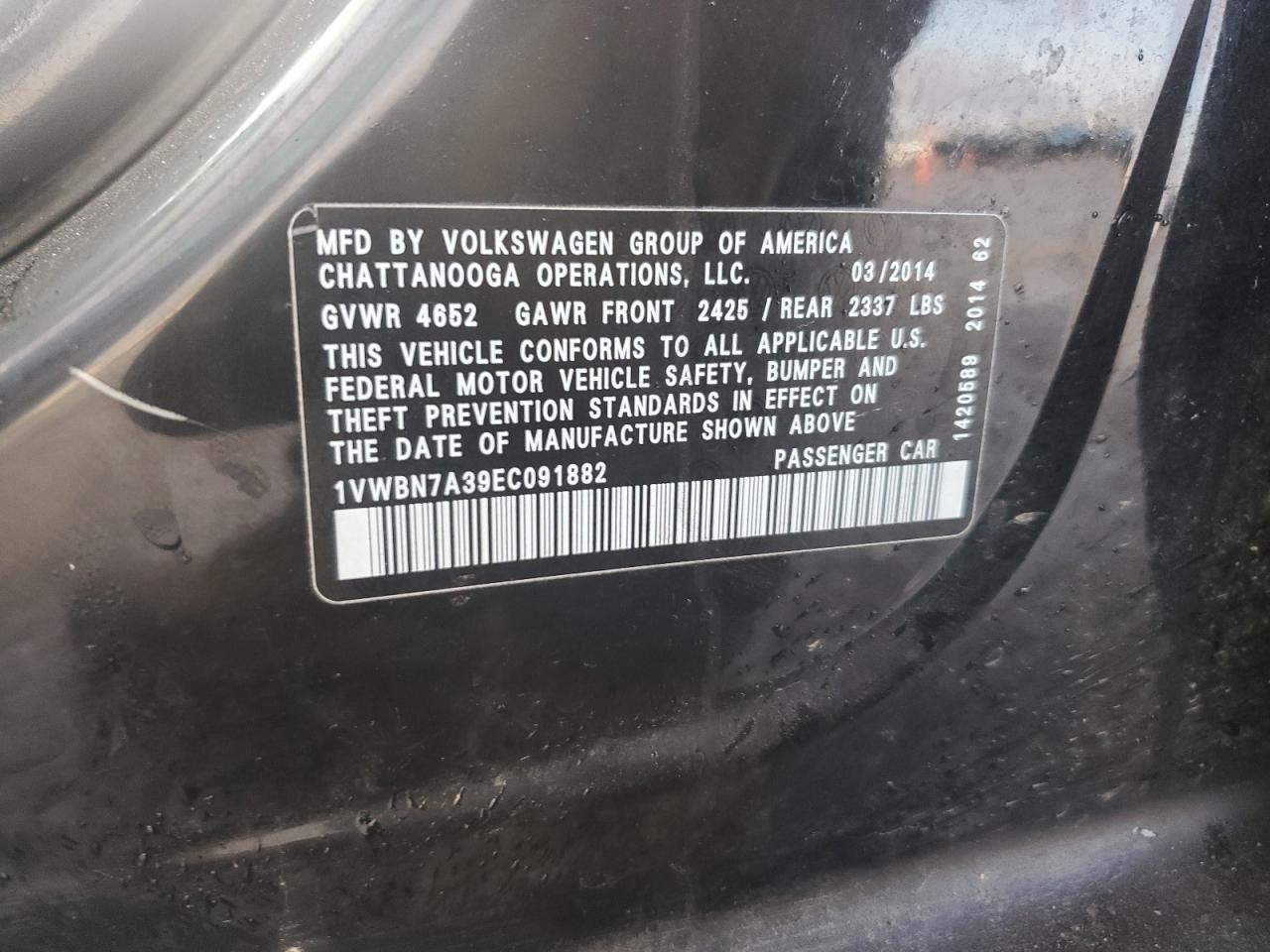 2014 Volkswagen Passat VIN 1VWBN7A39EC091882 Copart auction photo, burn - engine / front end damage thumbnail 12