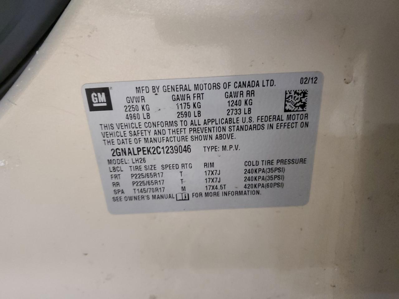 2012 Chevrolet Equinox VIN 2GNALPEK2C1239046 Copart auction photo, front end damage thumbnail 12
